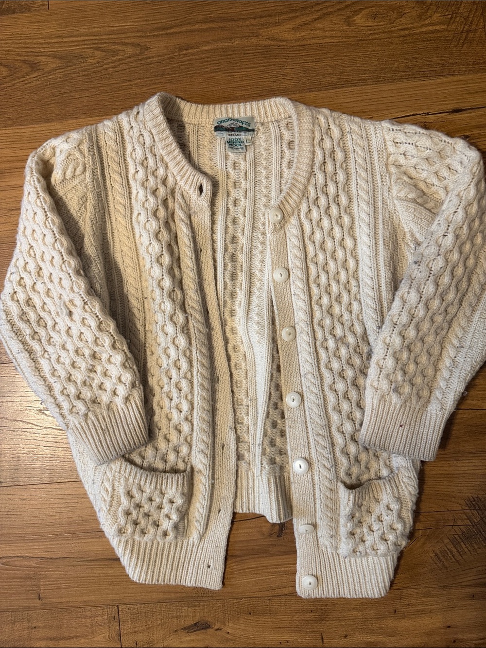 Aran Crafts Ireland 100% Merino Wool Cable Knit Cardigan L